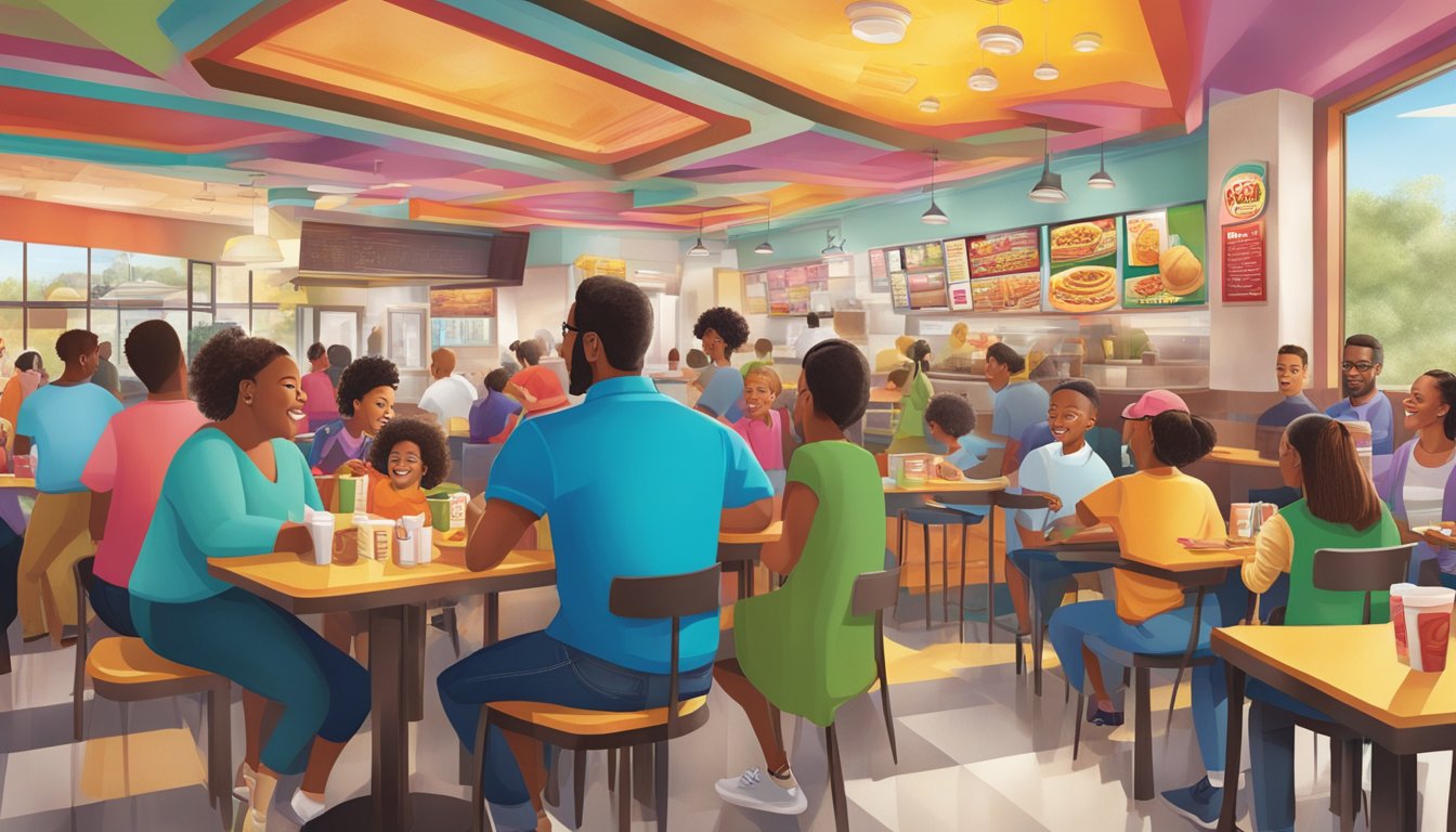 A vibrant, bustling restaurant with a colorful, eye-catching breakfast menu display, surrounded by excited customers enjoying Wendy's new breakfast offerings