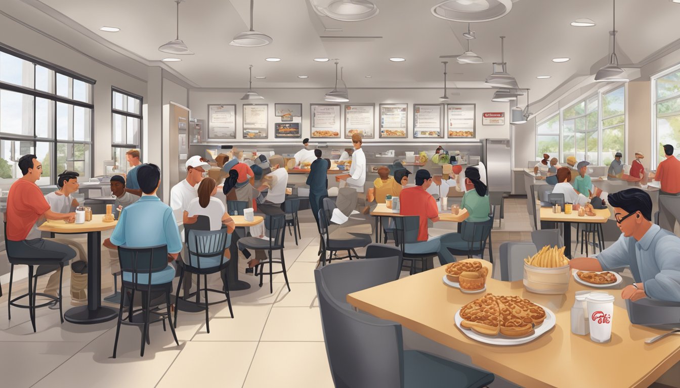 A crowded Chick-fil-A dining area with employees efficiently serving customers, while managers oversee operations and ensure a smooth breakfast rush