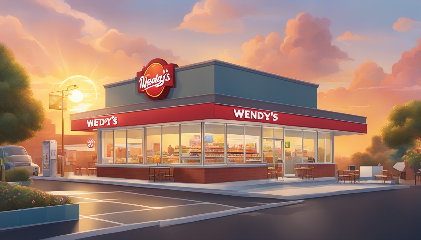 The scene depicts a sunrise over a Wendy's restaurant, with a display of breakfast items evolving from classic to modern offerings