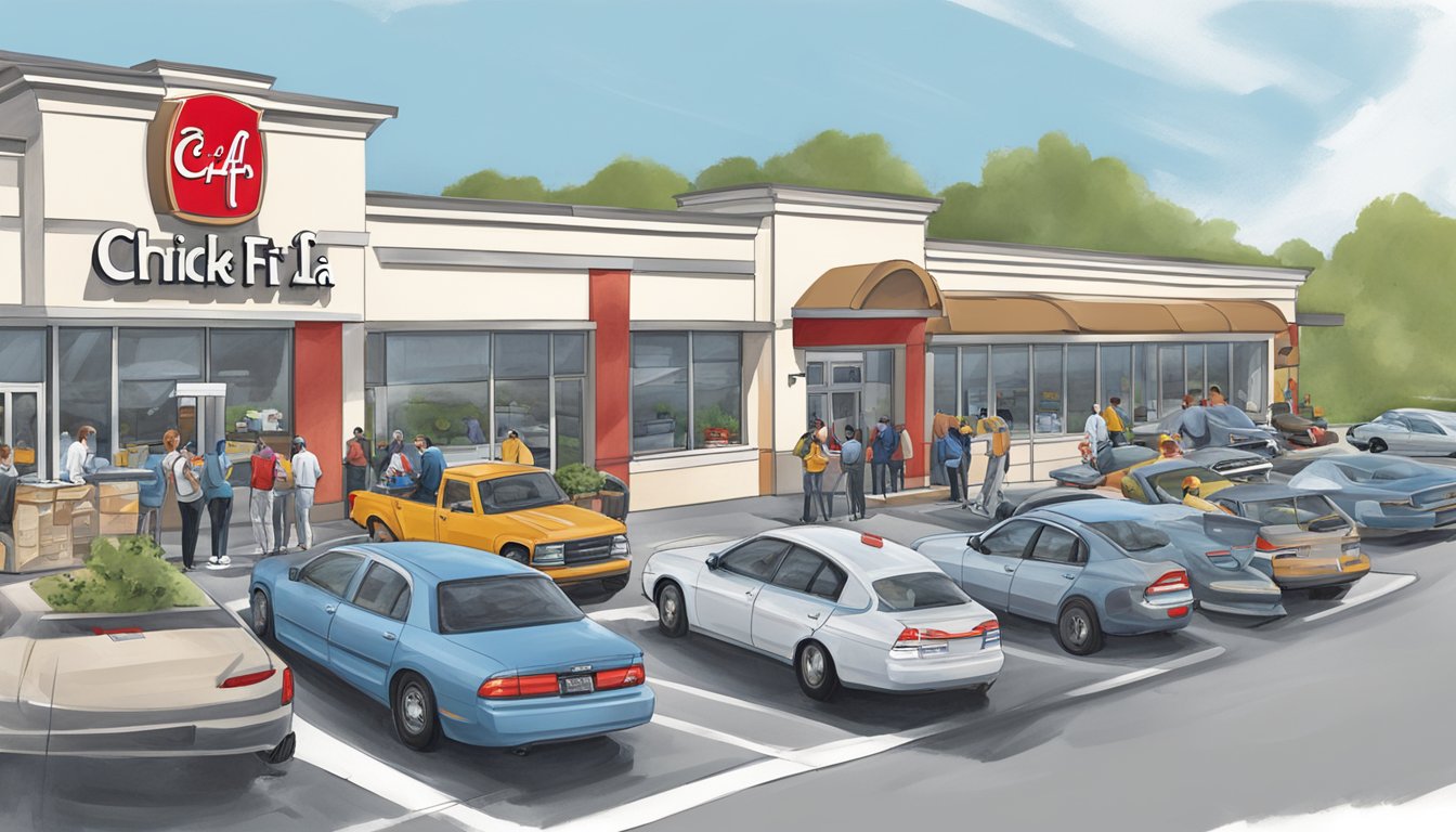 A busy Chick-fil-A breakfast drive-thru with a line of cars wrapped around the building, while employees efficiently serve customers at the window