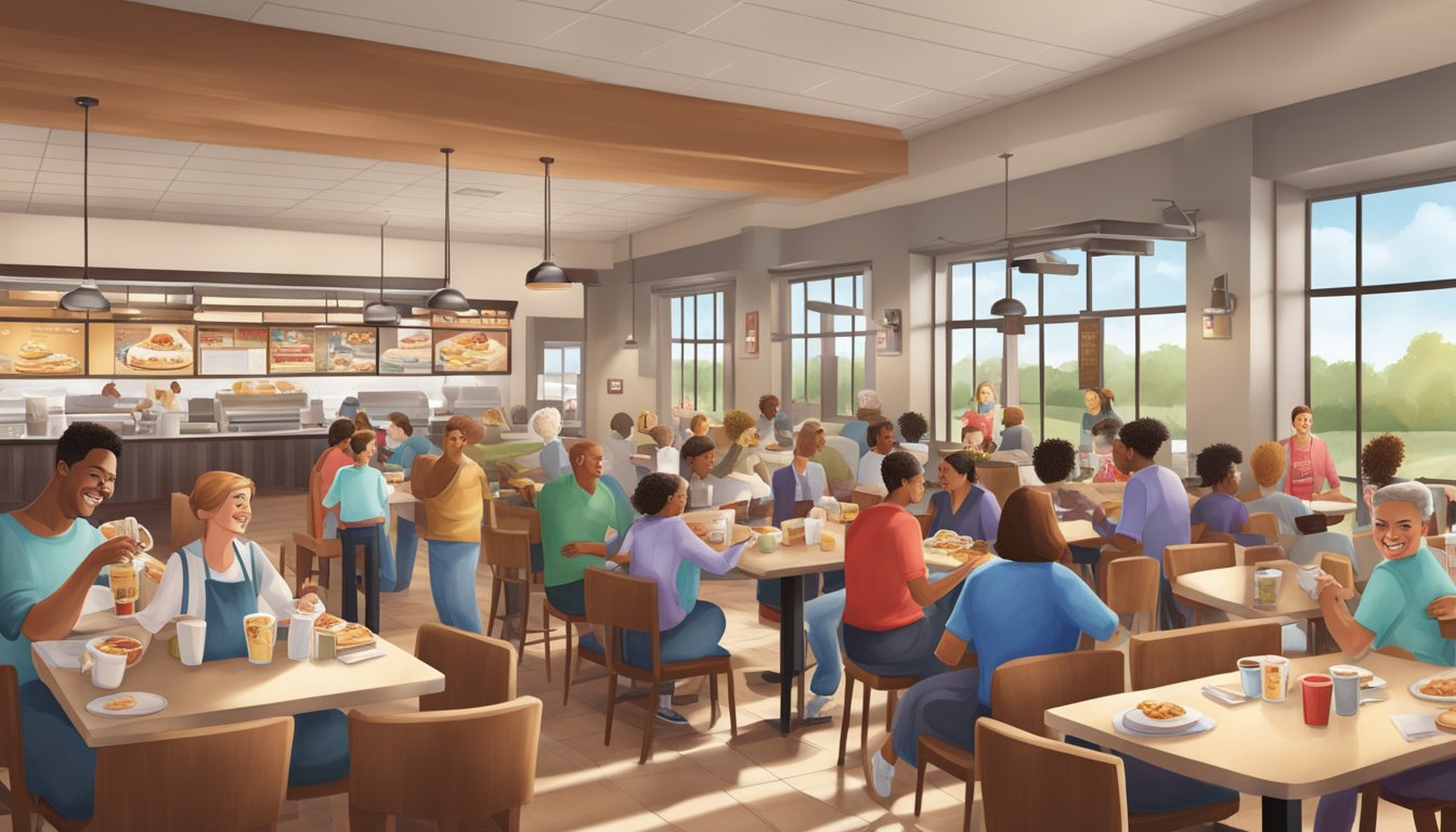 A bustling Chick-fil-A restaurant with families enjoying breakfast together, while the community gathers for a warm and inviting dining experience