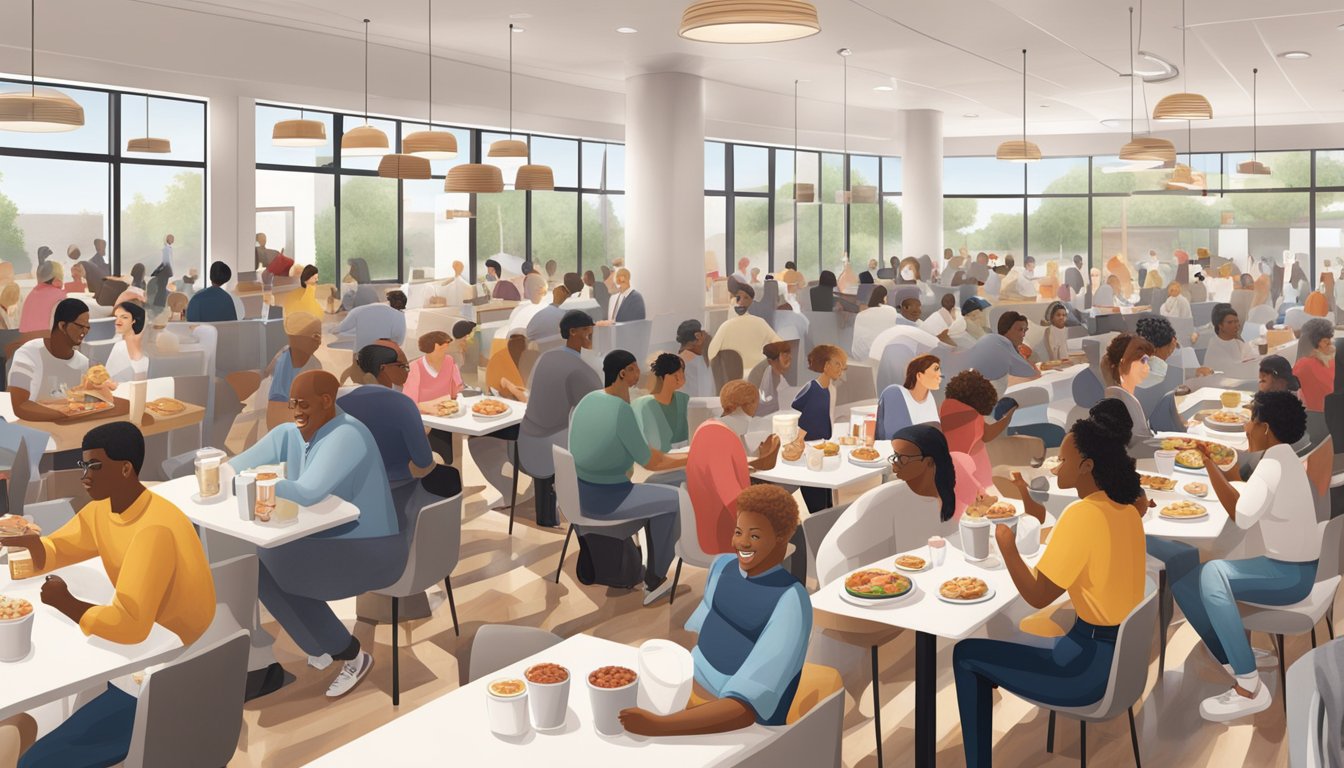 A crowded Chick-fil-A breakfast rush with diverse customers enjoying their meals in a clean, modern space