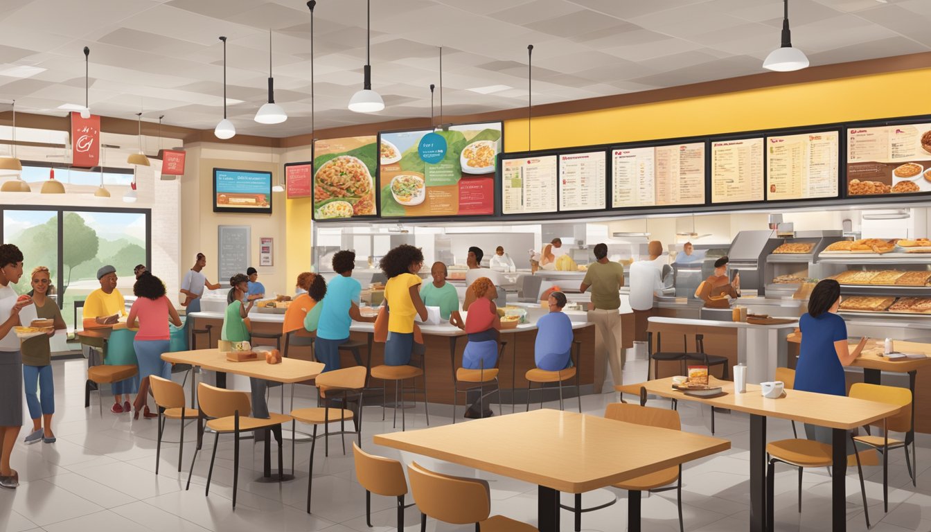 A bustling Chick-fil-A restaurant with a diverse array of breakfast menu options displayed on a large, colorful menu board. Customers of various ages and backgrounds are seen ordering and enjoying their meals