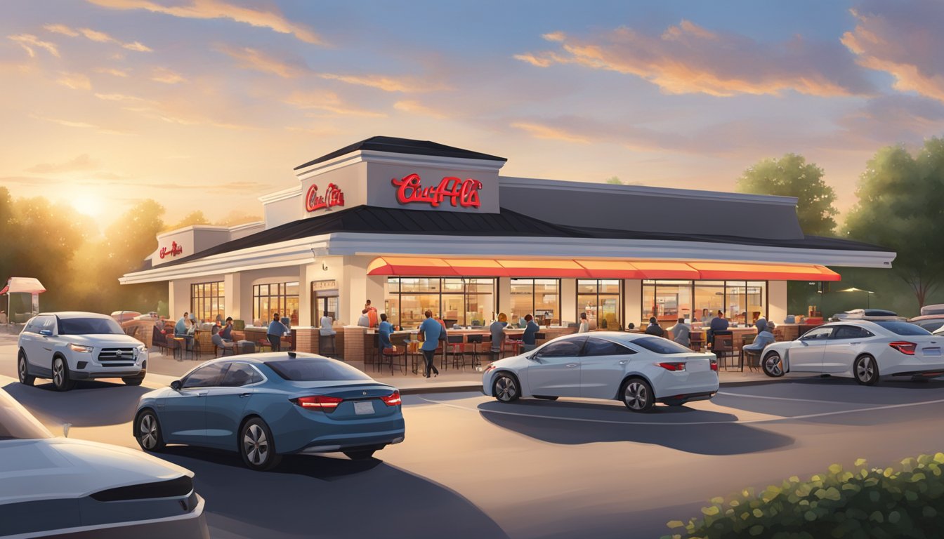 A bustling Chick-fil-A restaurant at sunrise, with a line of cars at the drive-thru and customers enjoying breakfast on the outdoor patio