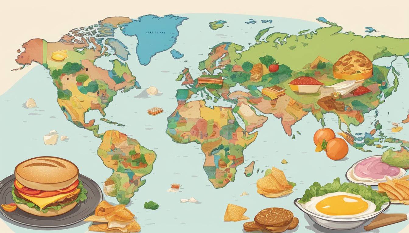 A global map with various breakfast items from different countries surrounding a prominent Wendy's logo