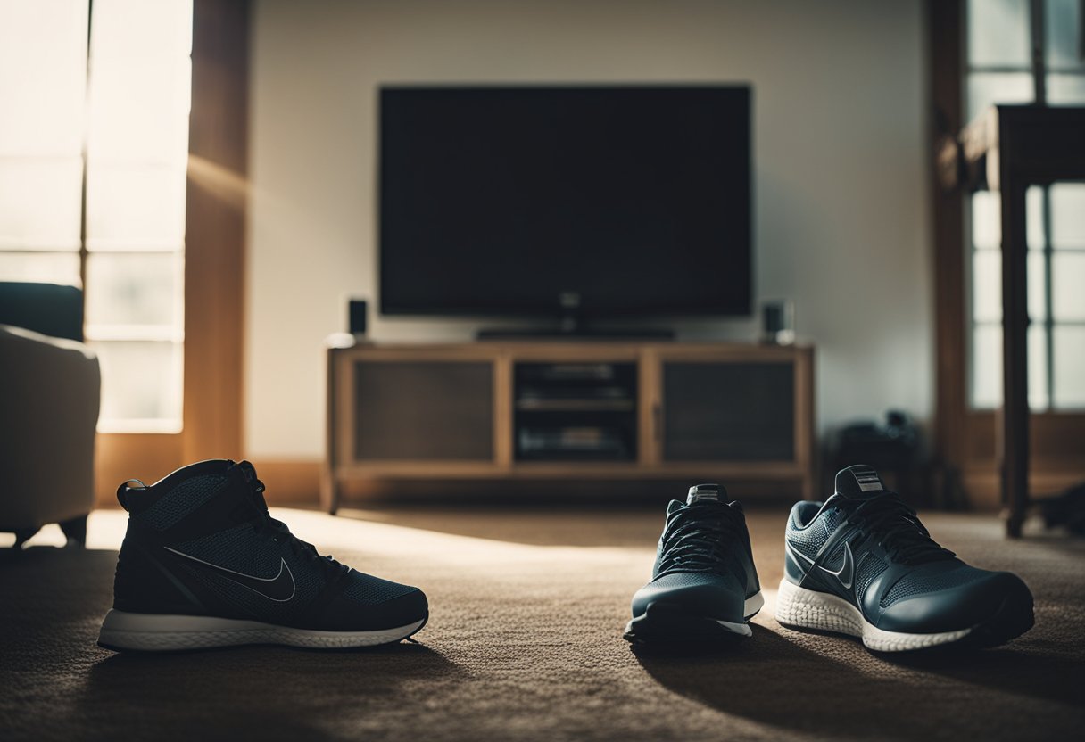 A dimly lit living room with a TV playing "Daybreakers" while a pair of running shoes sit untouched by the door