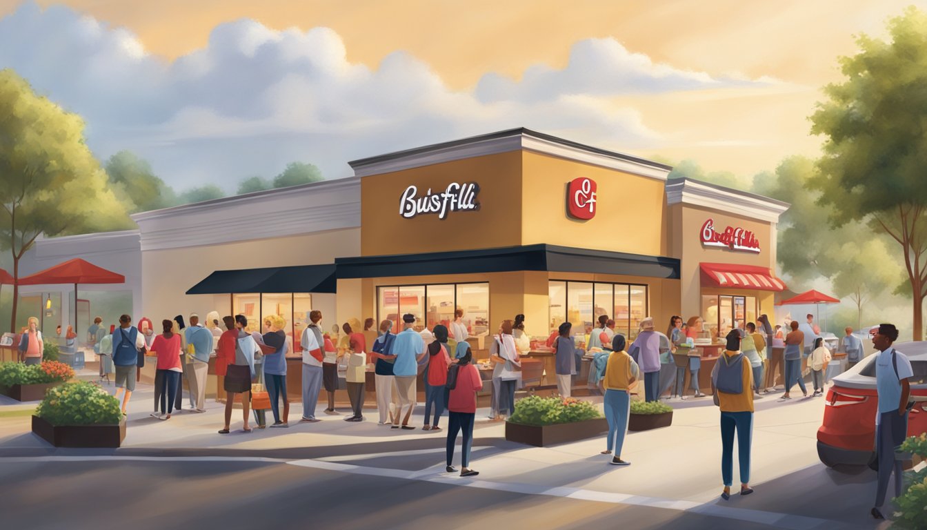 A bustling Chick-fil-A breakfast scene, with customers lined up outside the store, a cheerful staff serving hot meals, and a vibrant, welcoming atmosphere