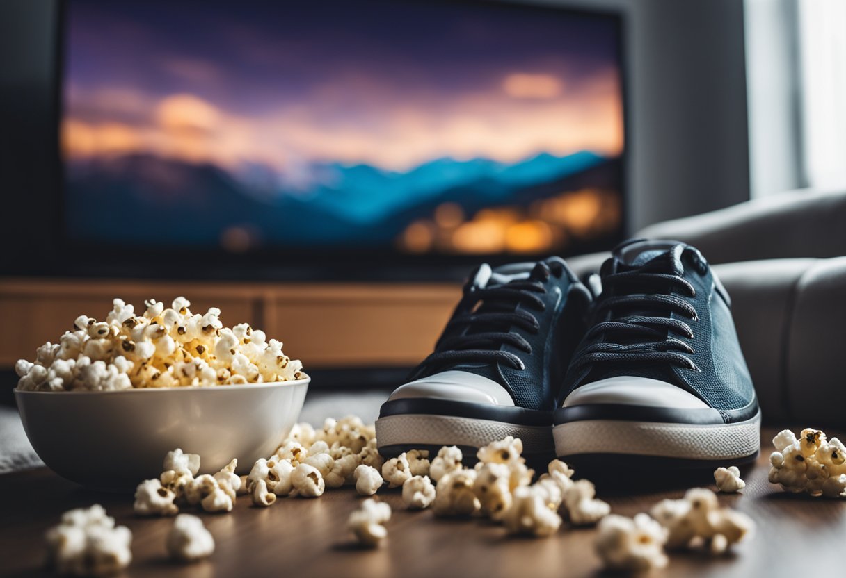 A cozy living room with a flickering TV screen, a bowl of popcorn, and a pair of running shoes left untouched by the couch