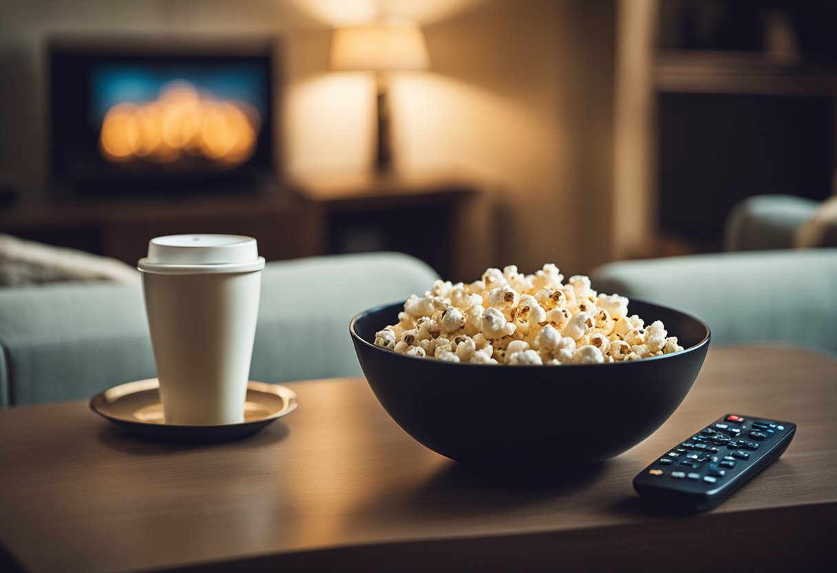 A cozy living room with a dimly lit TV screen showing the movie "Daybreakers." A bowl of popcorn sits on the coffee table