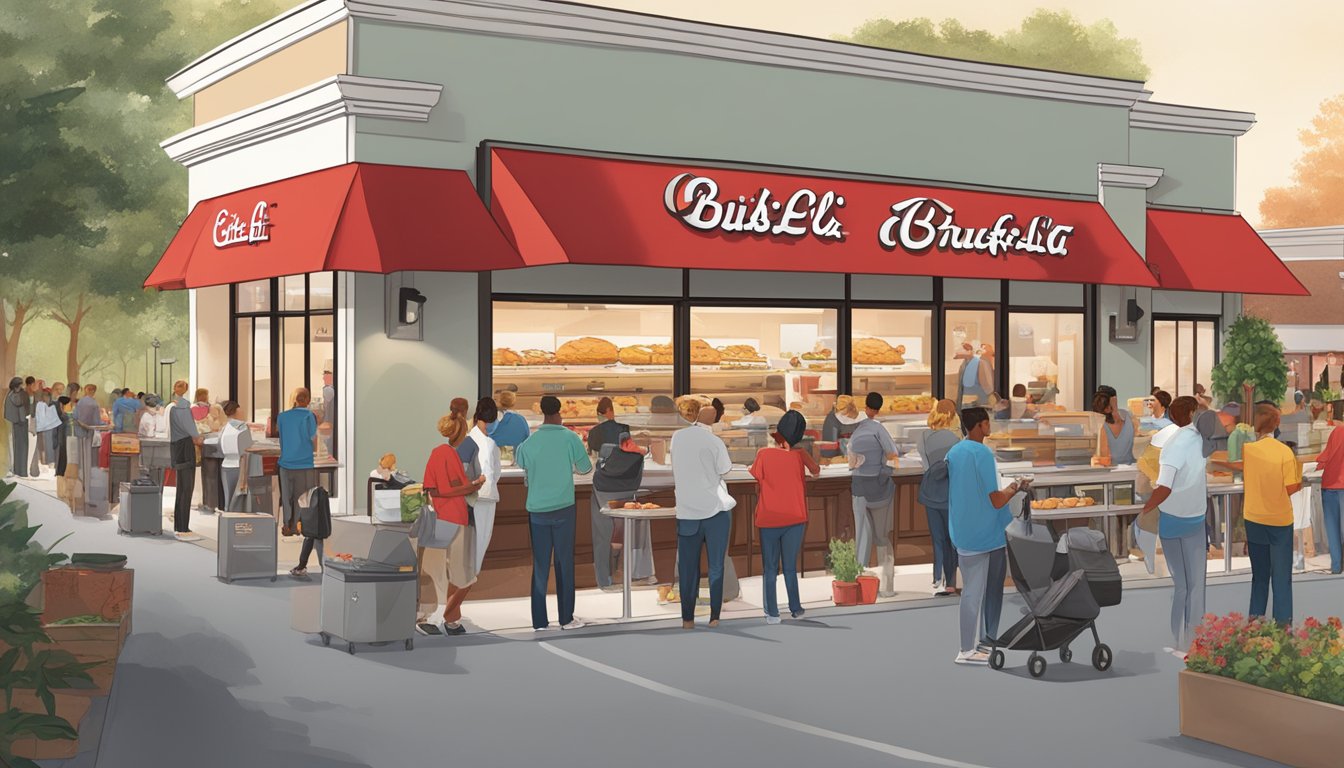 A bustling Chick-fil-A breakfast scene with customers lined up outside, employees serving food, and the restaurant's logo prominently displayed