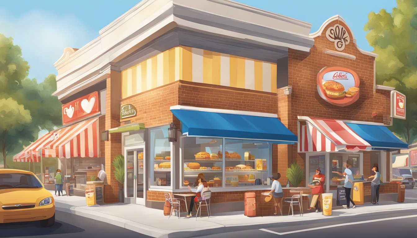 The morning sun shines on a bustling fast-food strip, with various restaurant signs prominently displaying new breakfast items inspired by Chick-fil-A's popular morning menu