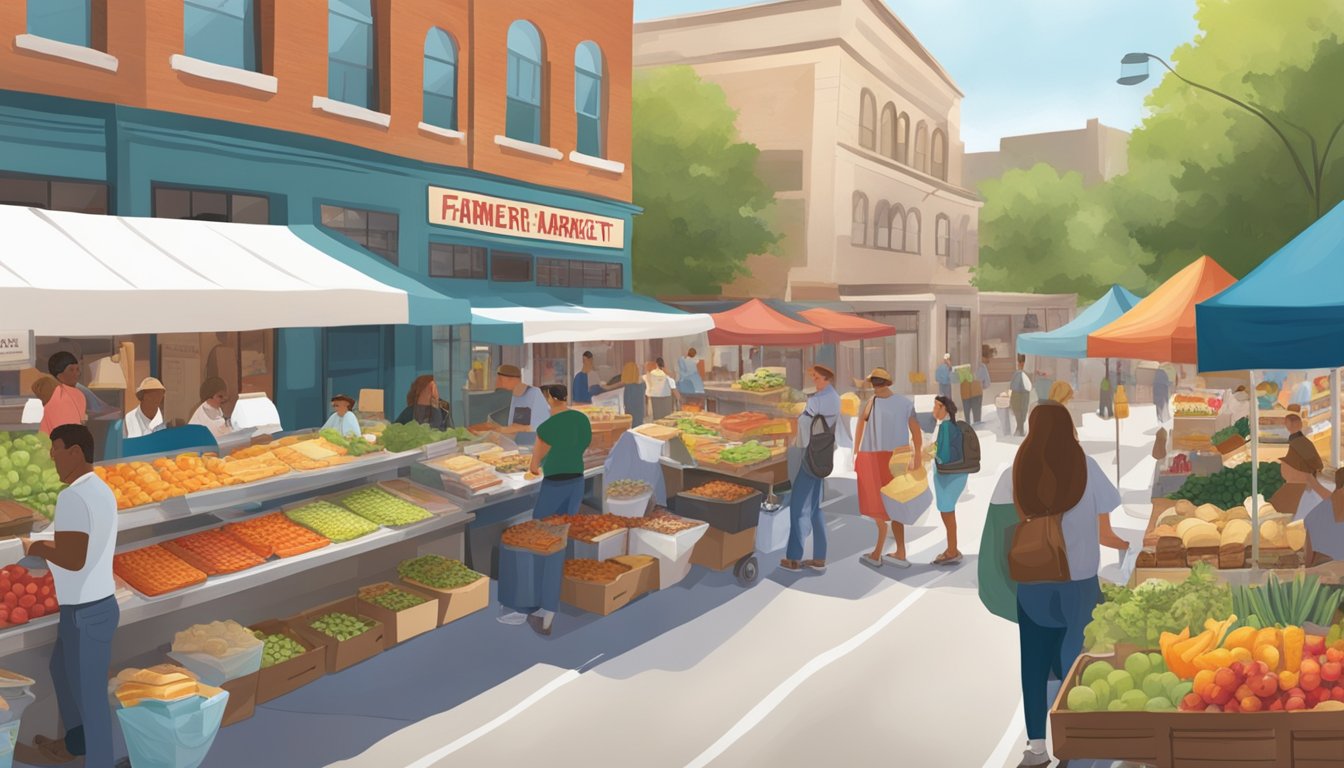 A bustling local farmer's market with vendors selling fresh produce and baked goods, while a Chick-fil-A food truck serves breakfast sandwiches to eager customers