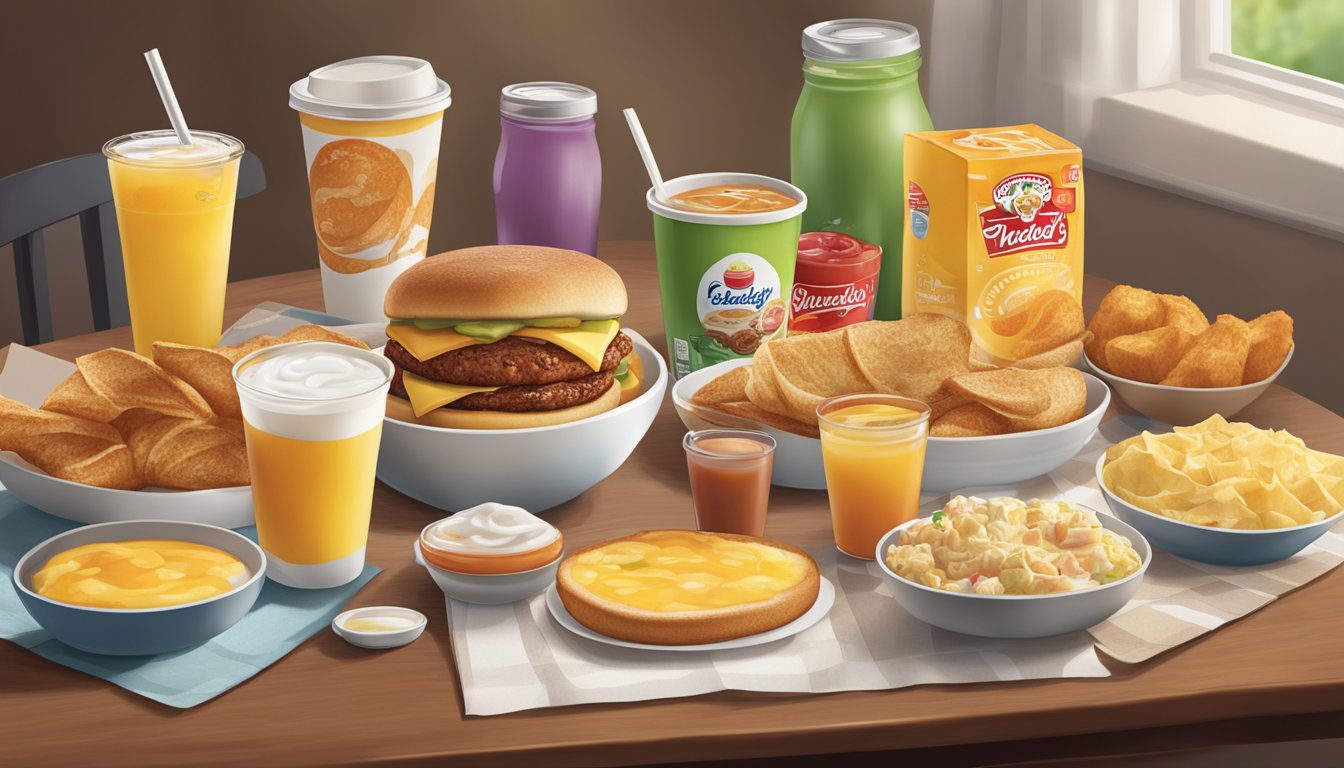 A table set with a variety of breakfast beverages next to a spread of popular Wendy's breakfast items