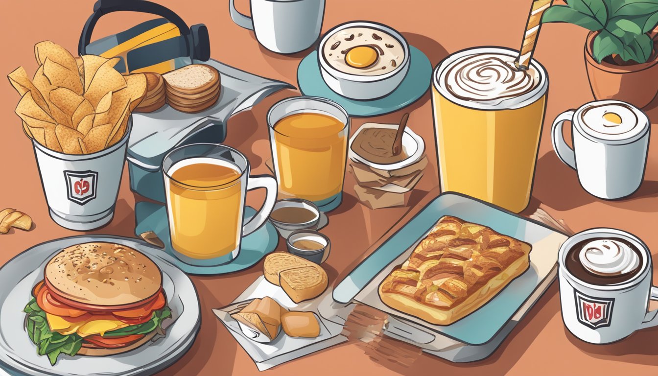 A mobile phone with the Wendy's app open, displaying popular breakfast combinations, surrounded by coffee and breakfast items