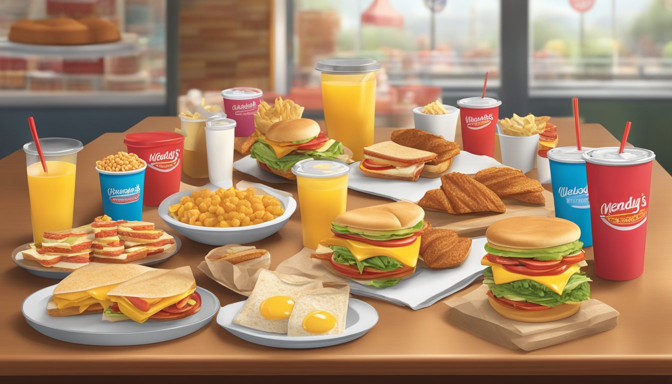 A table with various Wendy's breakfast items arranged in an appealing display, including sandwiches, wraps, and sides, with a focus on colorful and appetizing presentation