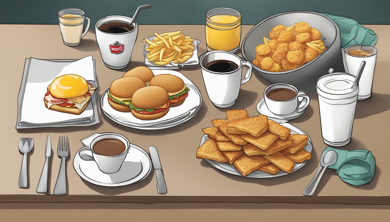 A table set with Wendy's breakfast items, including sandwiches, coffee, and hash browns, displayed during breakfast service hours