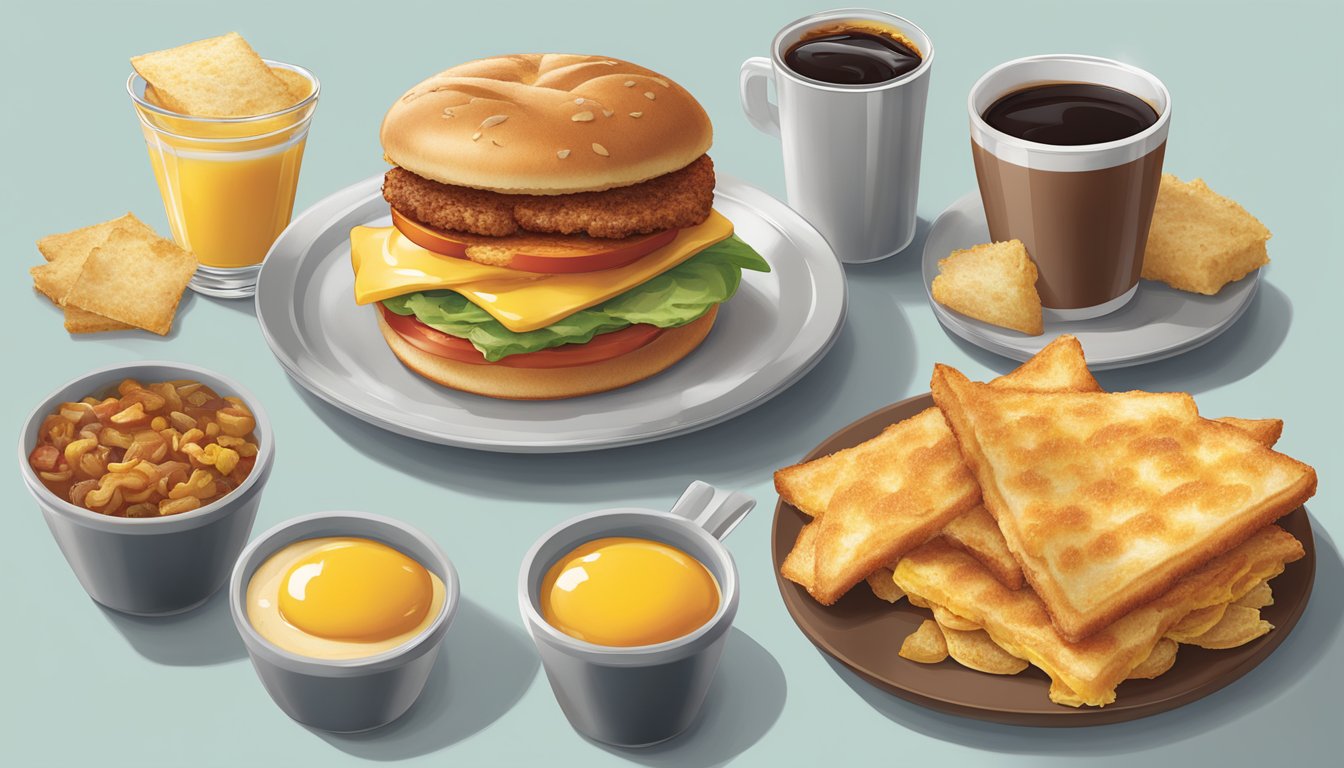 A table set with a variety of reinvented breakfast classics from Wendy's value menu, including a breakfast sandwich, coffee, and hash browns