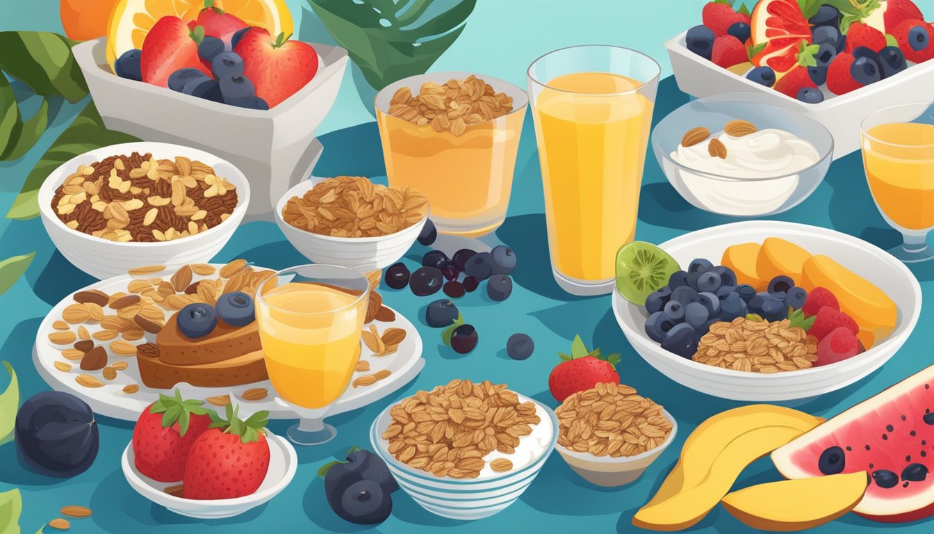 A colorful breakfast spread with fresh fruits, yogurt, granola, and whole grain options displayed on a vibrant table setting