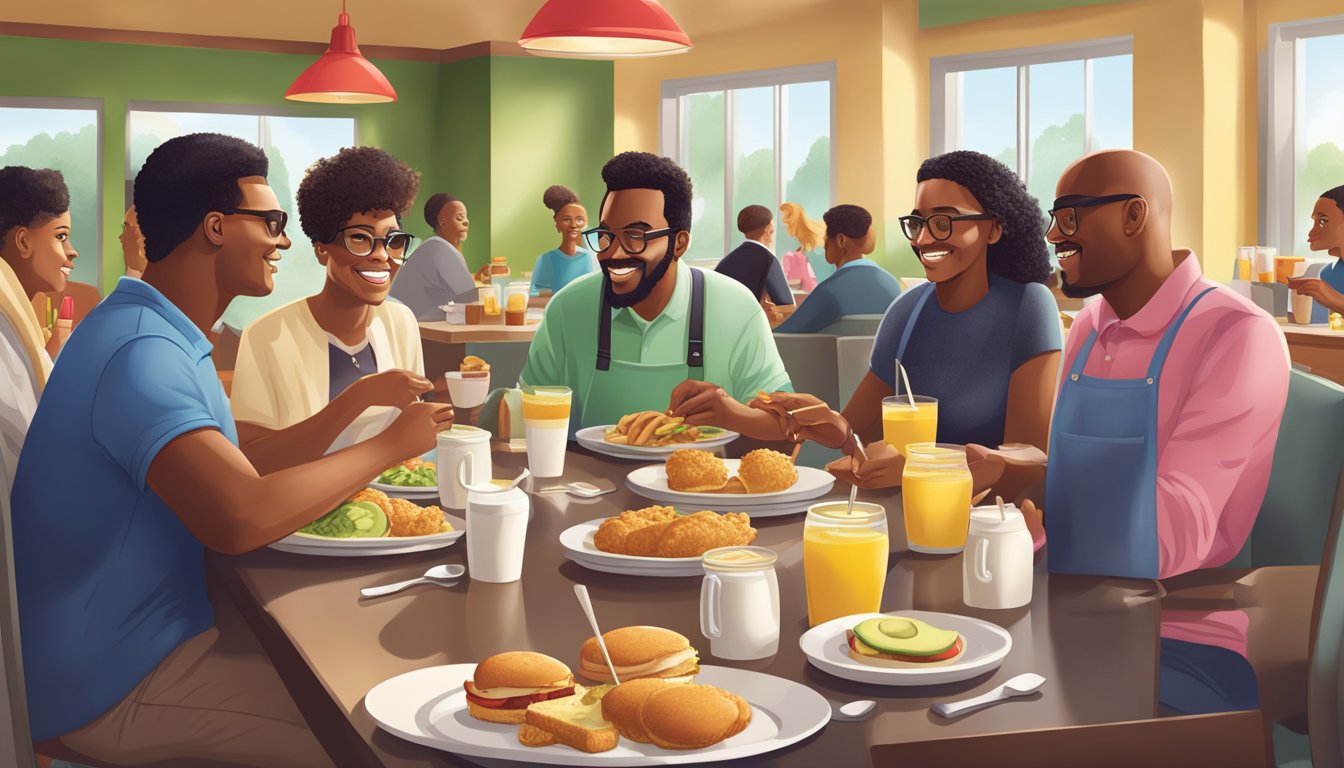 A diverse group of people enjoying Chick-fil-A breakfast items, including classic chicken biscuits and modern avocado toast, in a vibrant and inviting restaurant setting