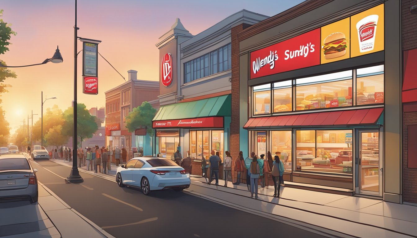 Sunrise over a bustling city street, with a Wendy's restaurant displaying its breakfast value menu on a digital board. Customers line up at the drive-thru and walk-up windows