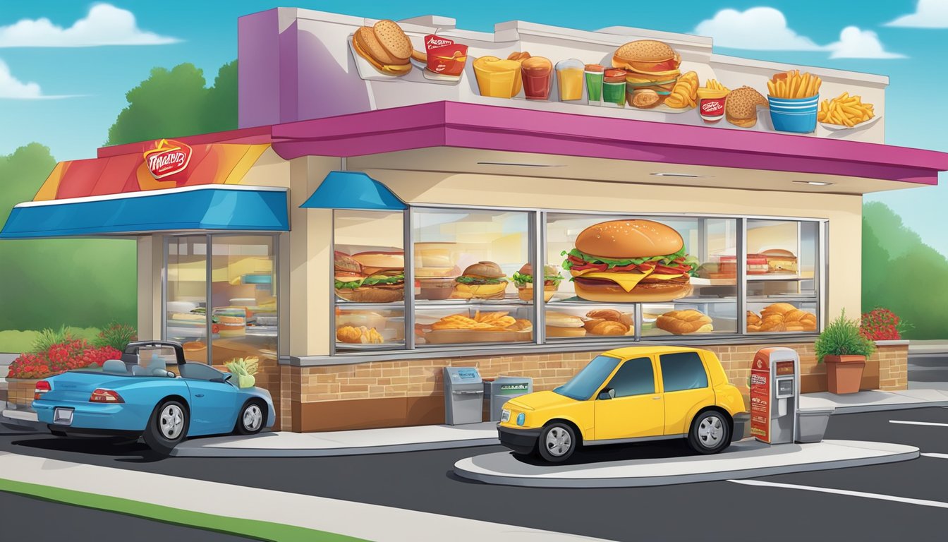 A colorful drive-thru scene with a variety of breakfast items displayed on a large menu board, with a Wendy's restaurant in the background