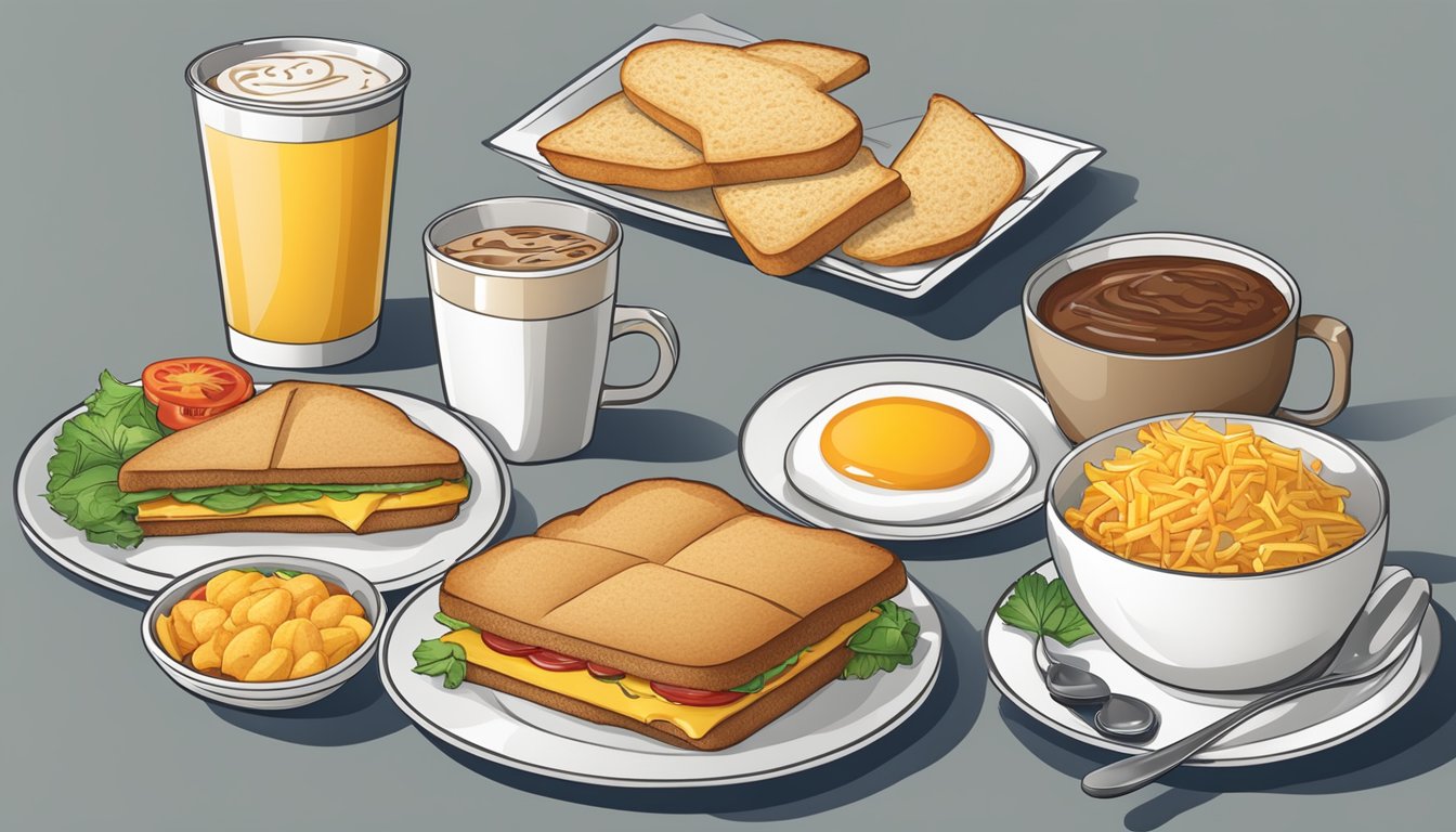 A table set with a variety of breakfast items, including sandwiches, hash browns, and coffee, displayed with colorful packaging and a price list