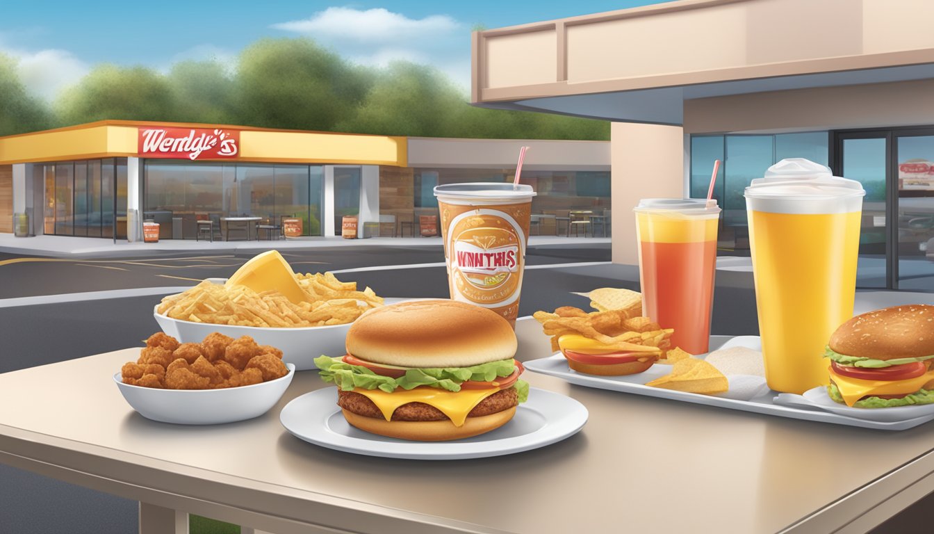 A table set with a variety of breakfast items and a selection of beverages, with the Wendy's drive-thru in the background