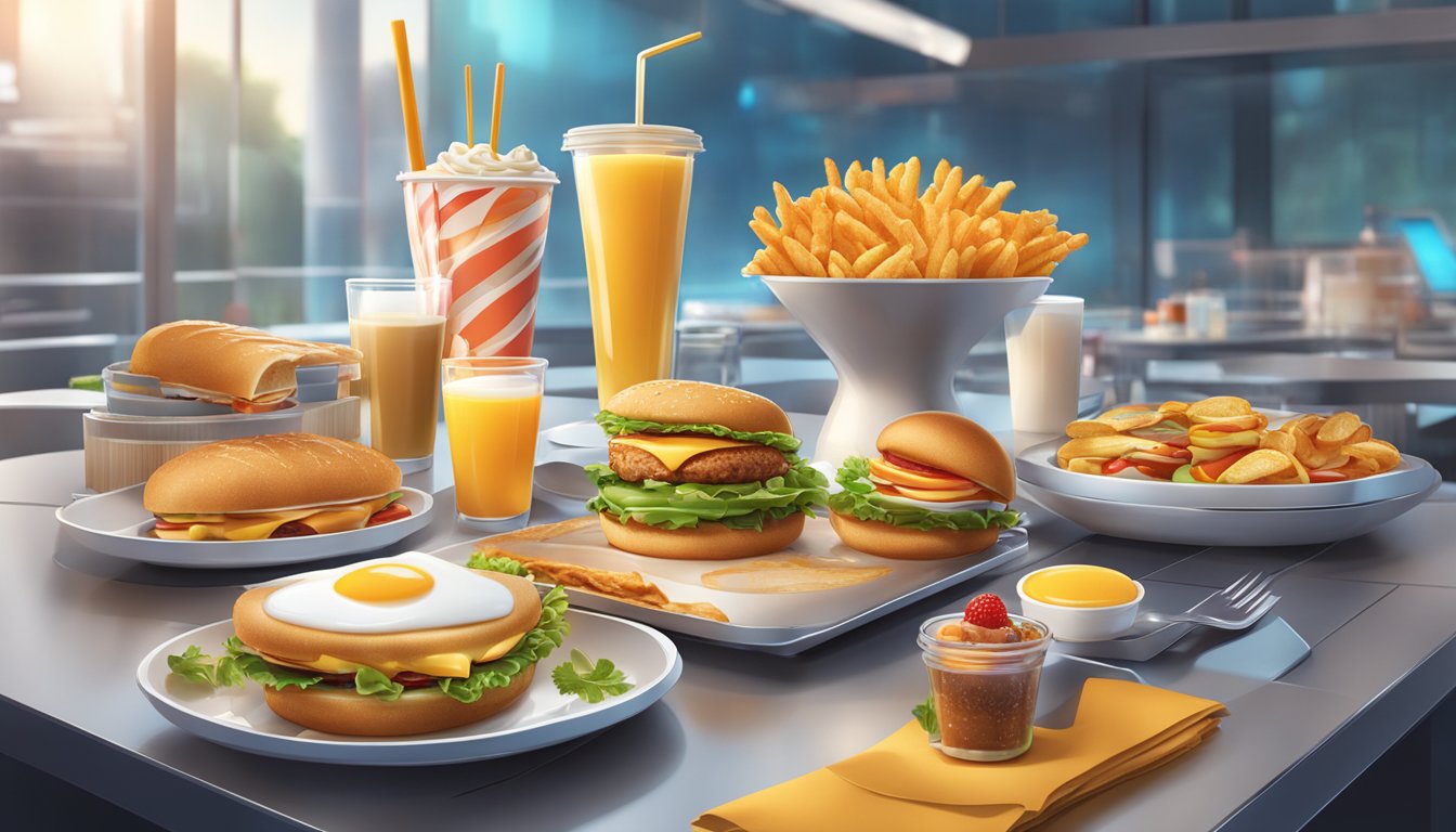 A futuristic fast-food breakfast scene with advanced technology and innovative food items