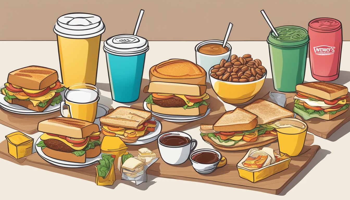 A colorful breakfast spread with various items neatly arranged on a table, including sandwiches, coffee, and sides, all labeled with prices for the Wendy's Breakfast Value Menu