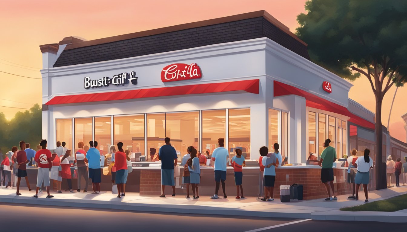 A bustling Chick-fil-A store at sunrise, with a line of customers eagerly waiting for their breakfast orders. The iconic red and white building stands out against the morning sky