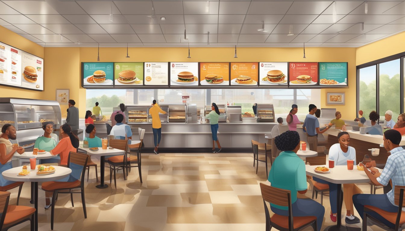 A bustling Chick-fil-A restaurant at breakfast time, with a diverse group of customers enjoying their meals. The menu board prominently displays a variety of nutritious breakfast options