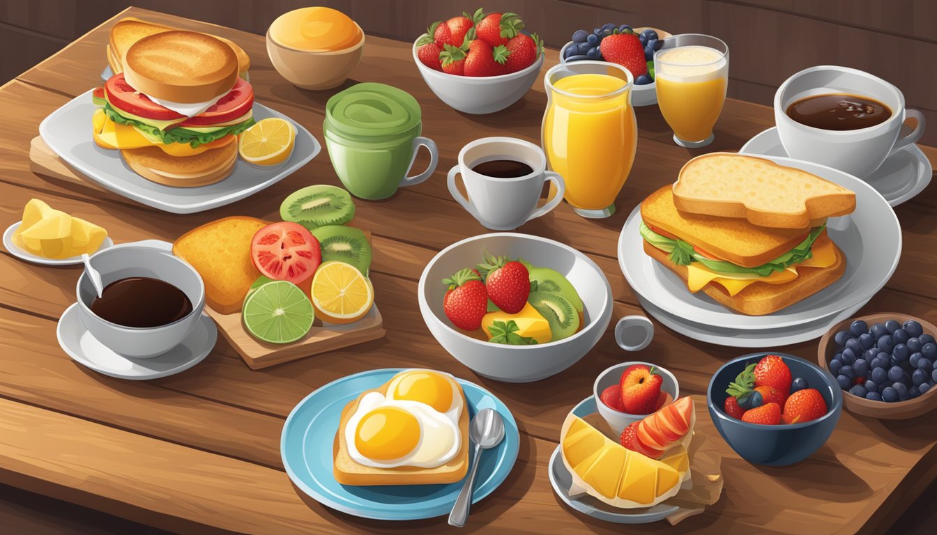 A colorful display of freshly prepared breakfast items on a wooden table, including hot sandwiches, coffee, and seasonal fruit