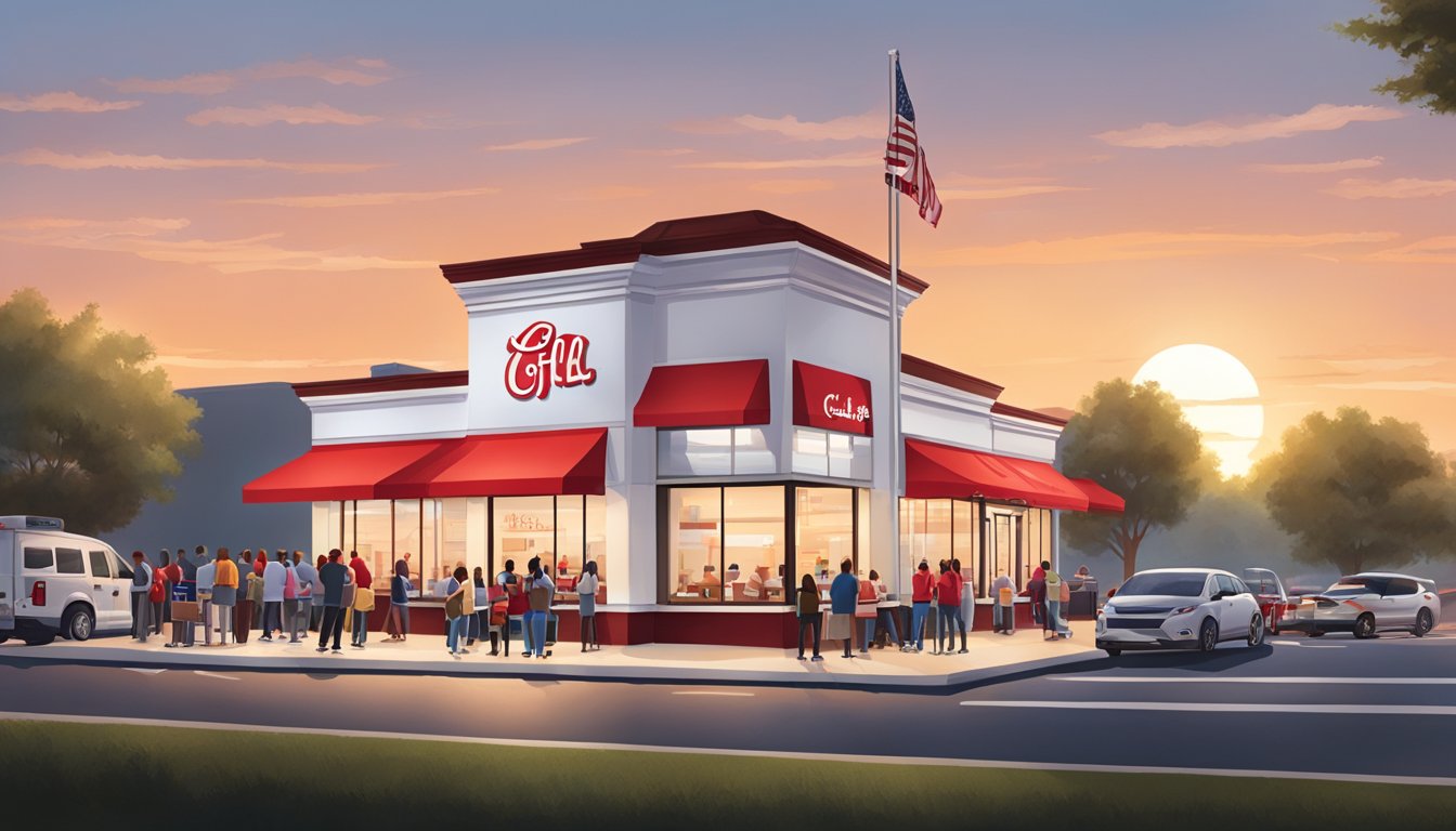 A bustling Chick-fil-A restaurant at sunrise, with a long line of customers eagerly waiting to order breakfast items. The iconic red and white building stands out against the morning sky