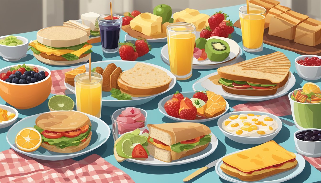 A colorful array of breakfast items arranged on a table, including a variety of sandwiches, wraps, and sides, with fresh fruits and beverages displayed alongside