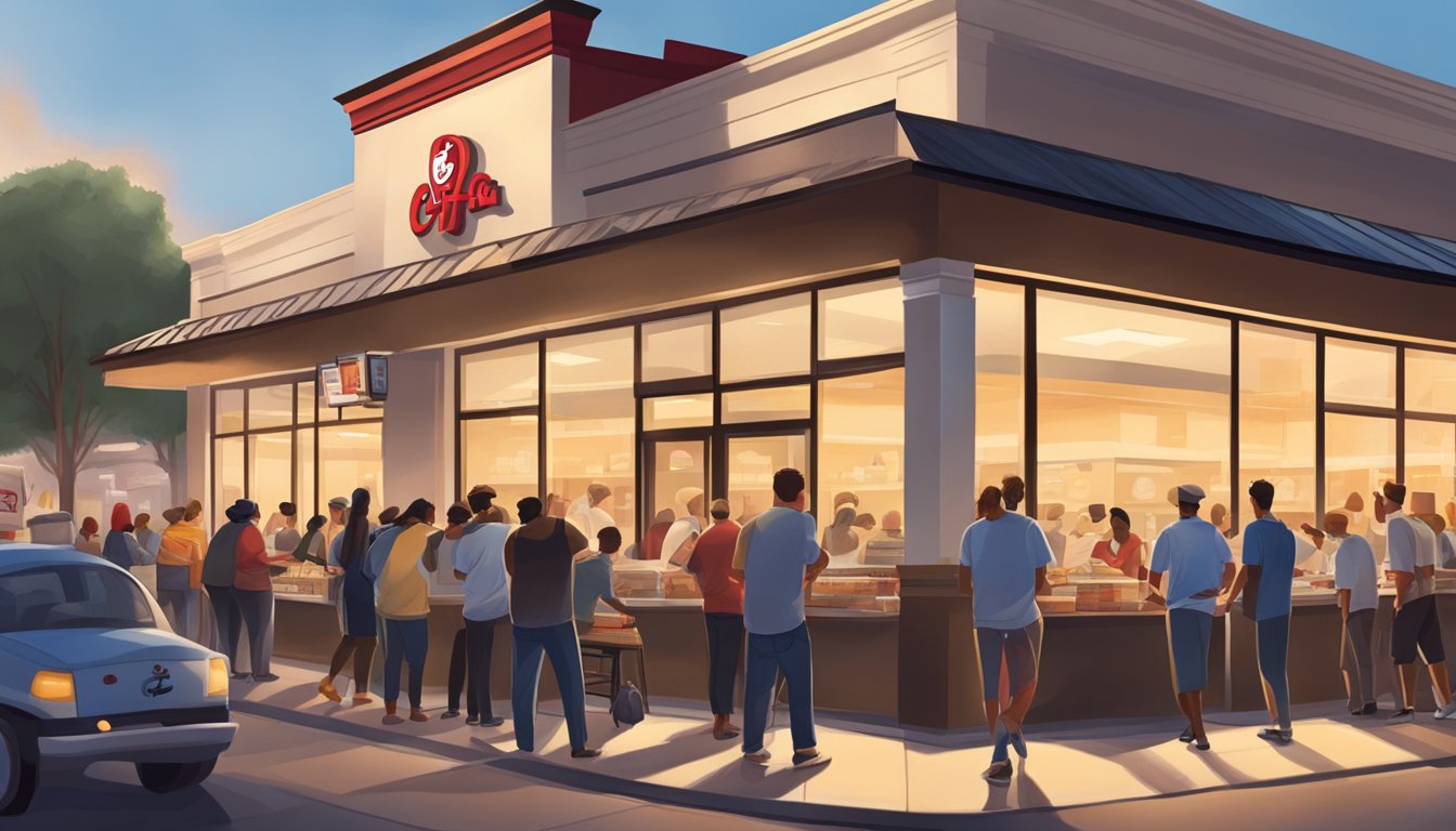 A bustling Chick-fil-A restaurant at dawn, with workers preparing breakfast items and customers eagerly lining up outside