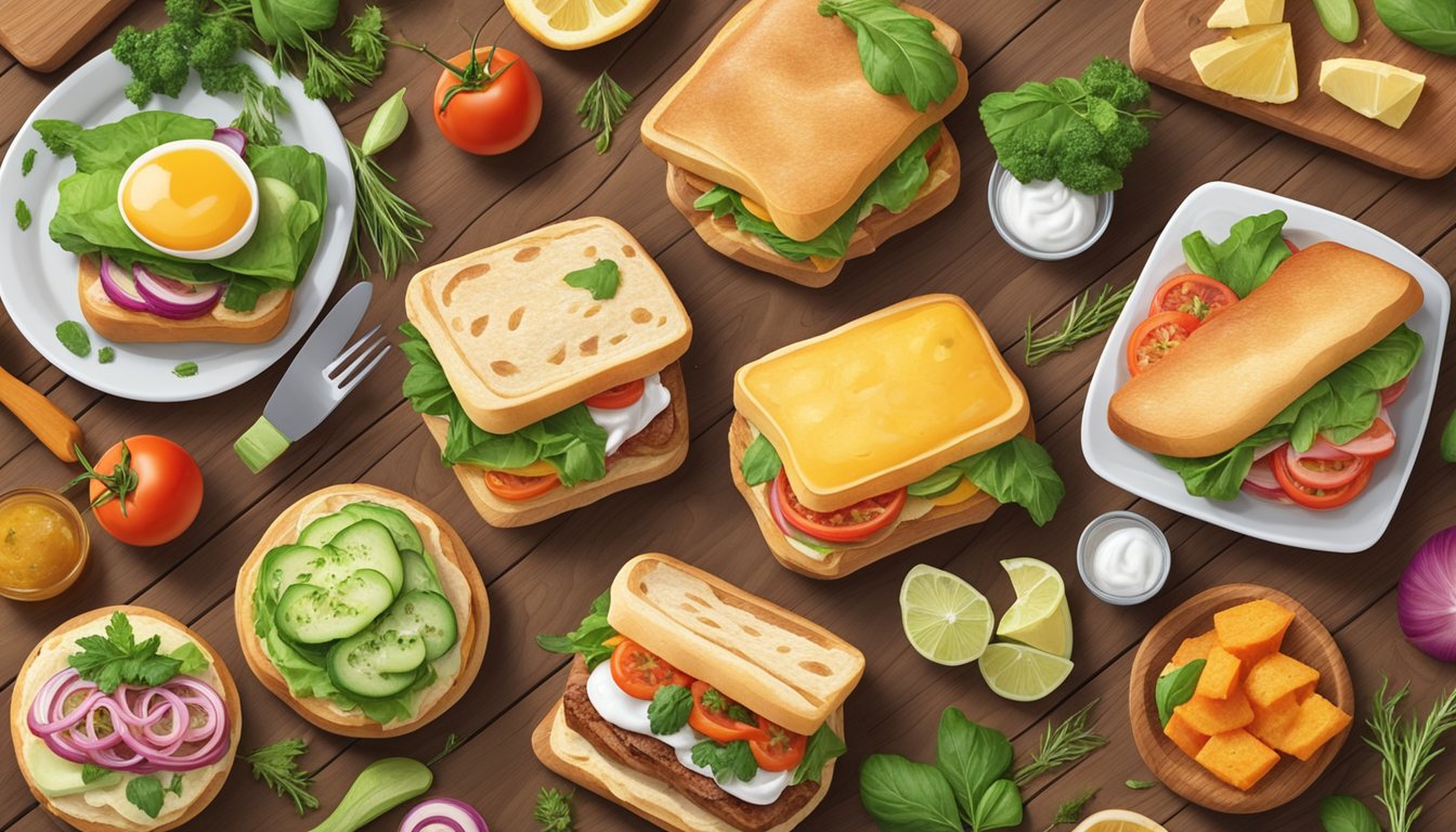 A colorful array of savory breakfast sandwiches displayed on a wooden serving board, surrounded by fresh ingredients and seasonal garnishes