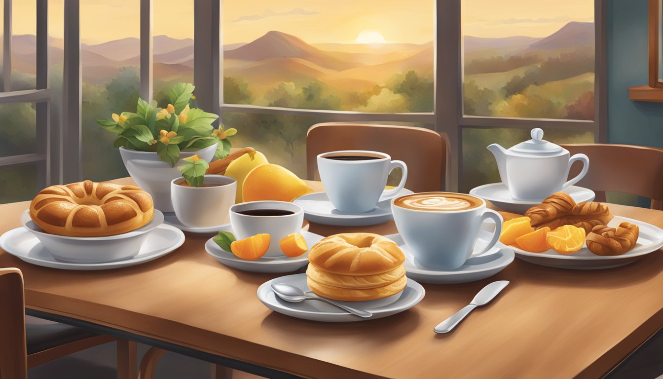 A table set with steaming coffee, fresh fruit, and warm pastries from Wendy's breakfast menu