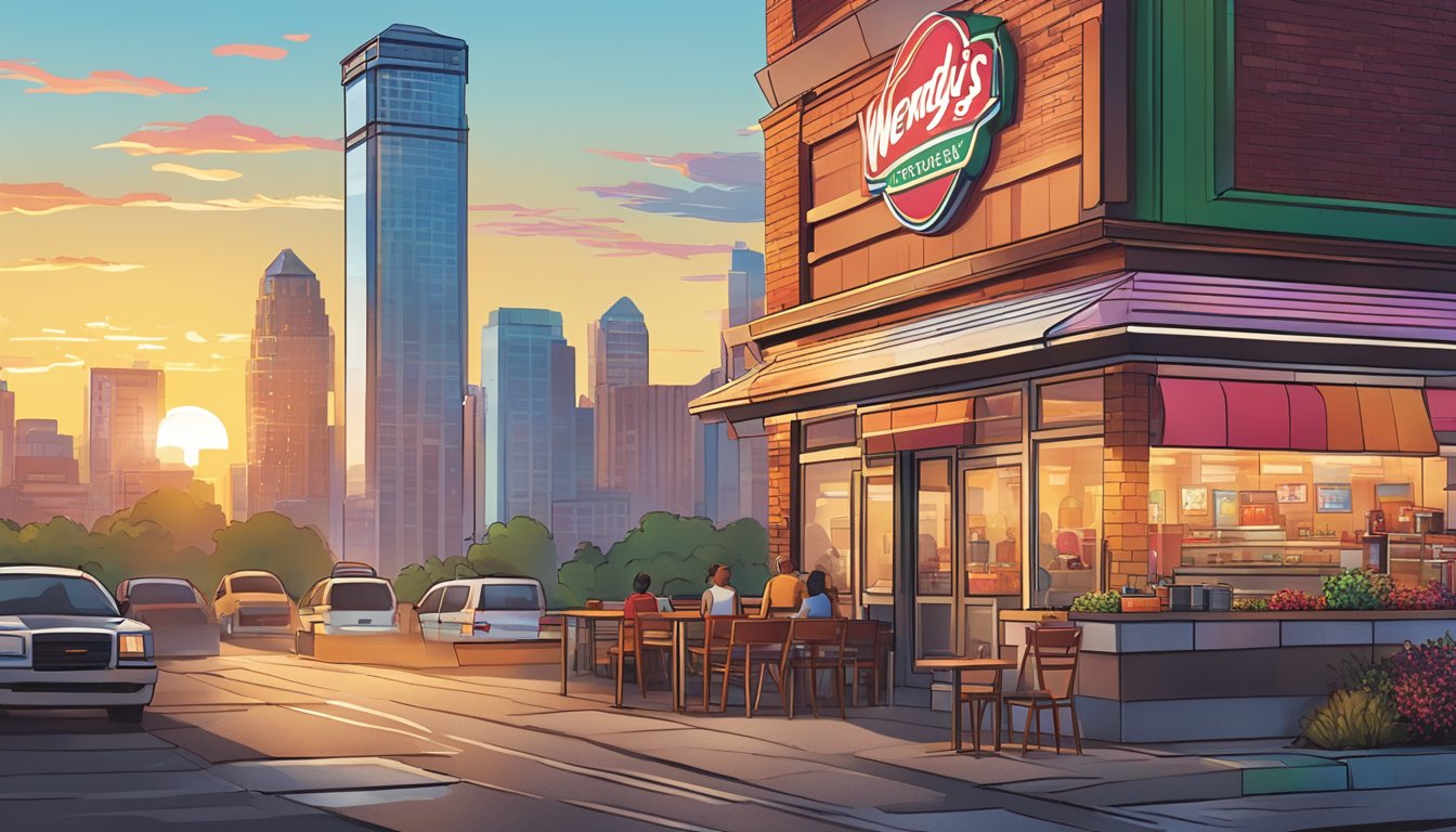 A sunrise over a bustling city skyline with a Wendy's restaurant in the foreground, featuring a colorful breakfast menu displayed on the exterior