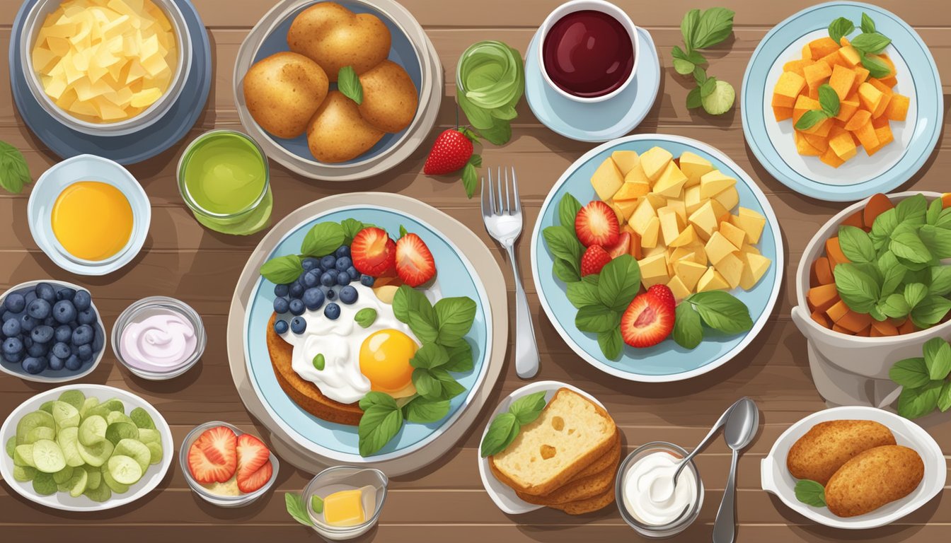 A table set with a variety of colorful and appetizing side dishes, including fresh fruit, yogurt parfaits, and seasoned breakfast potatoes