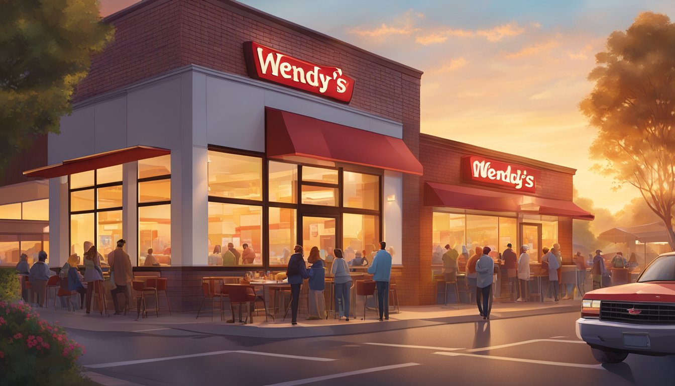 A bustling Wendy's restaurant at sunrise, with the golden light casting a warm glow on the exterior and customers eagerly entering for breakfast