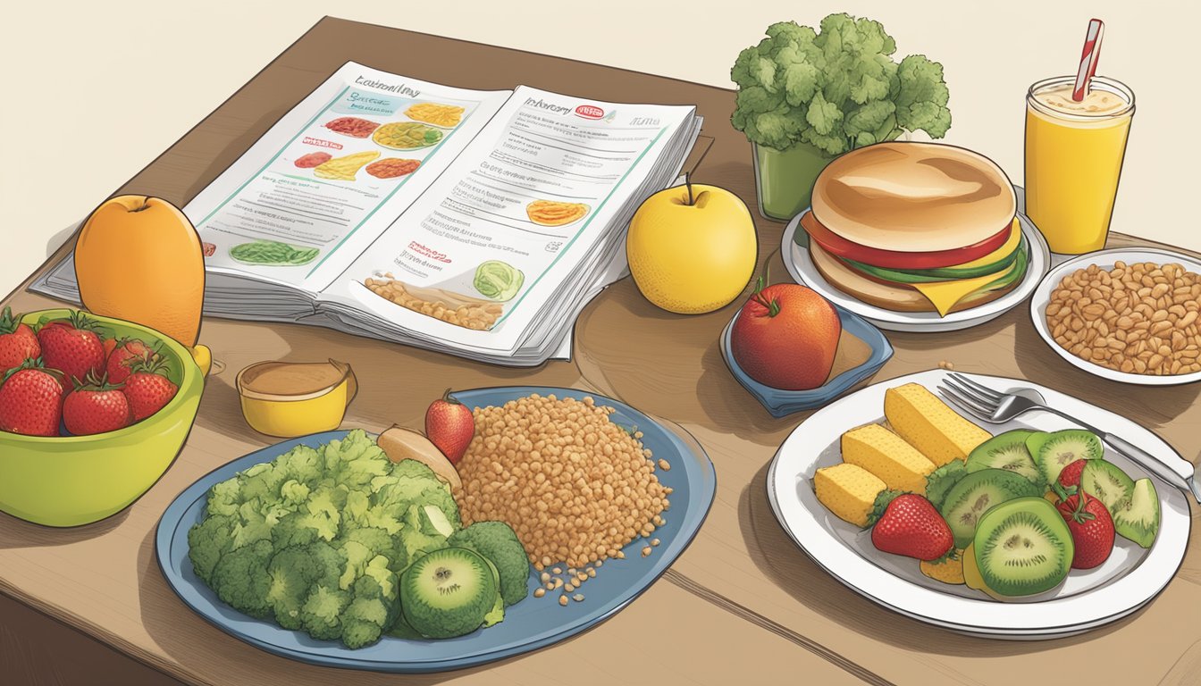 A table with fresh fruits, vegetables, and whole grains displayed alongside a menu of Wendy's breakfast items