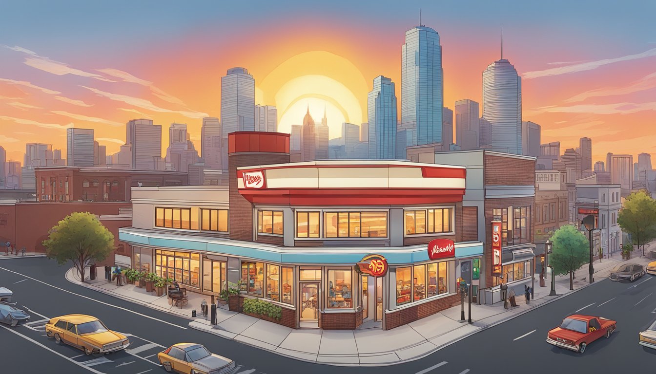 A sunrise over a city skyline with a Wendy's restaurant prominently featured, surrounded by bustling morning activity