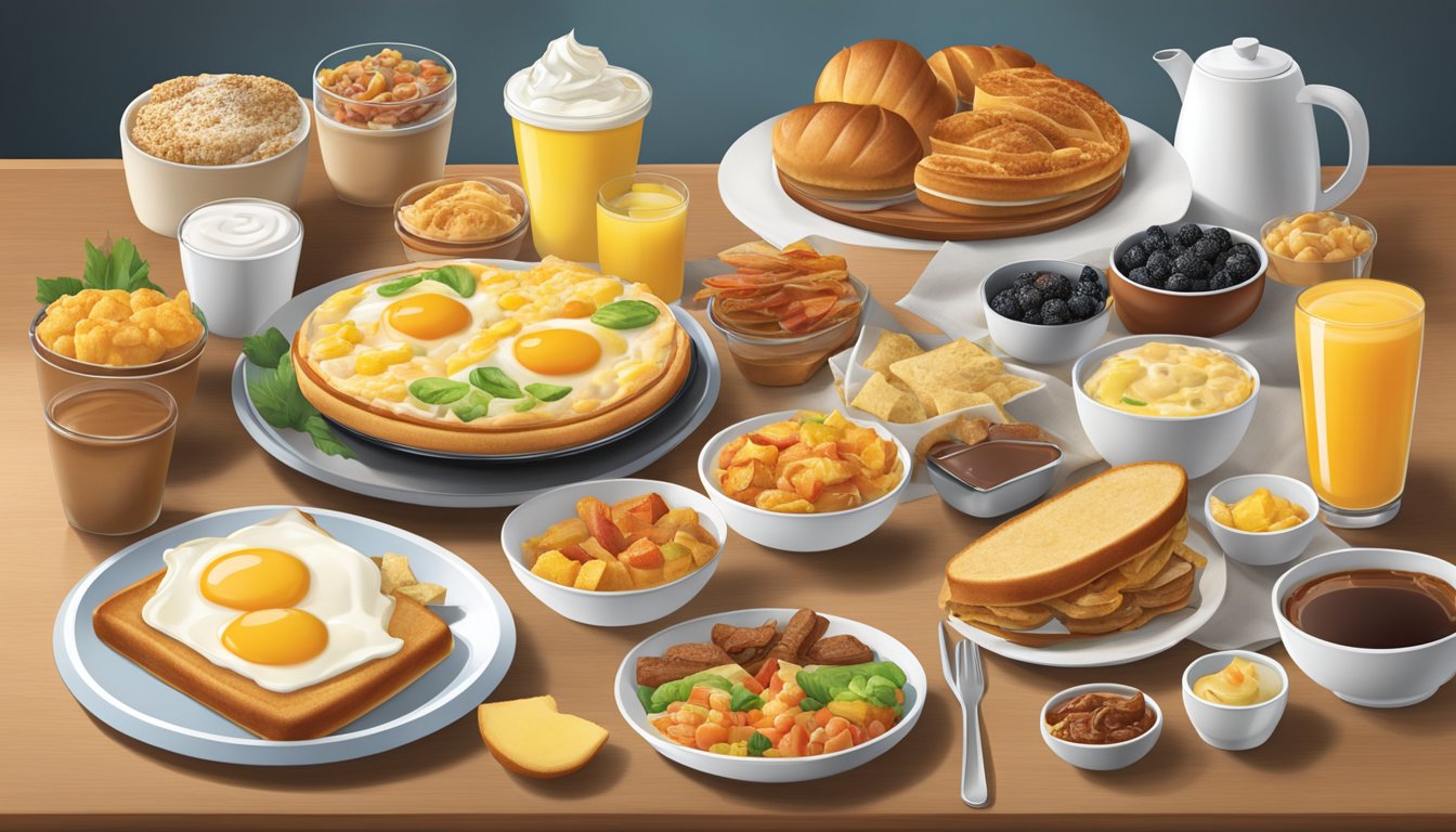 A table with a variety of breakfast items from Wendy's menu, including seasonal offerings, displayed in an organized and appetizing manner