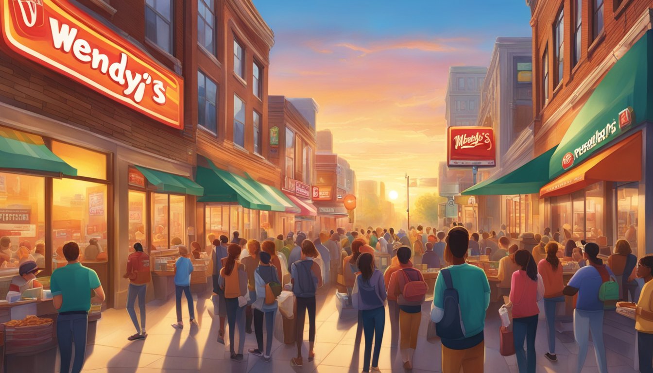 A vibrant sunrise illuminates a bustling city street, with a Wendy's restaurant prominently displaying its breakfast menu and attracting a crowd of eager customers