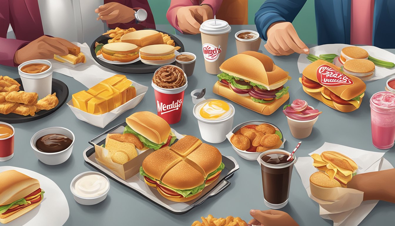 A group of people enjoying a variety of Wendy's breakfast items, including sandwiches, coffee, and sides, laid out on a table for catering