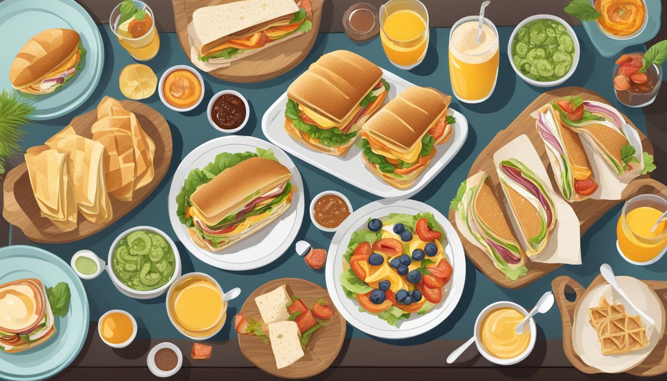 A table set with a variety of breakfast options, including sandwiches, wraps, and beverages, arranged neatly on platters and in baskets