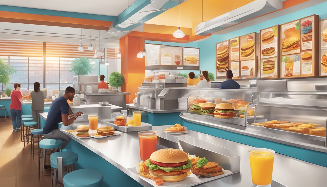 A bustling breakfast scene at Wendy's, with a variety of innovative menu items and offerings on display. Sunrise colors and modern design elements evoke a sense of future possibilities