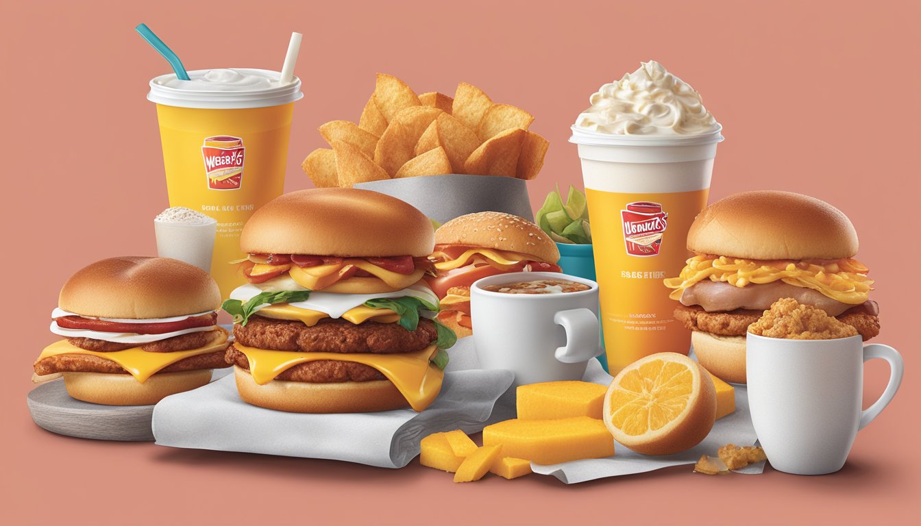 A vibrant Wendy's breakfast menu featuring seasonal offerings, with loyalty program and delivery service logos prominently displayed