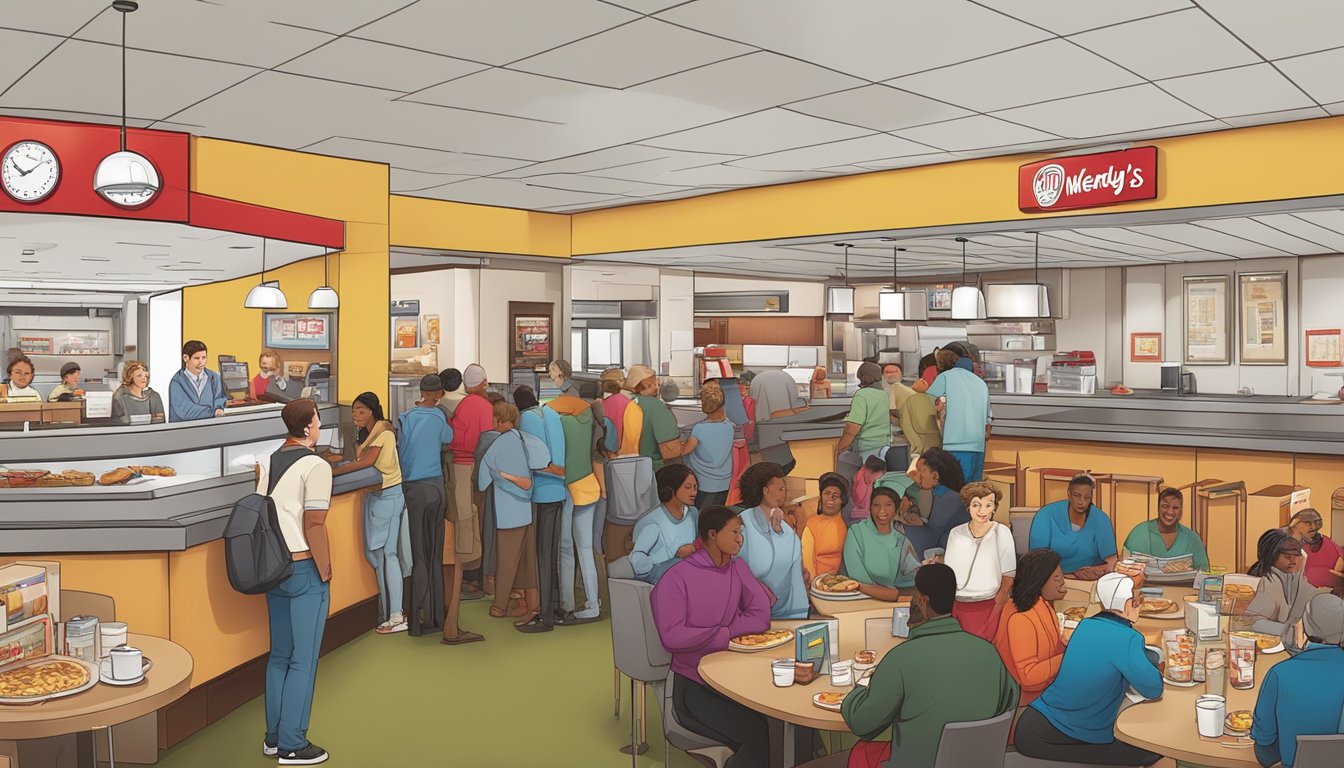 A bustling Wendy's restaurant with a line of customers eagerly waiting to order breakfast items, while franchisees engage in discussions with corporate representatives