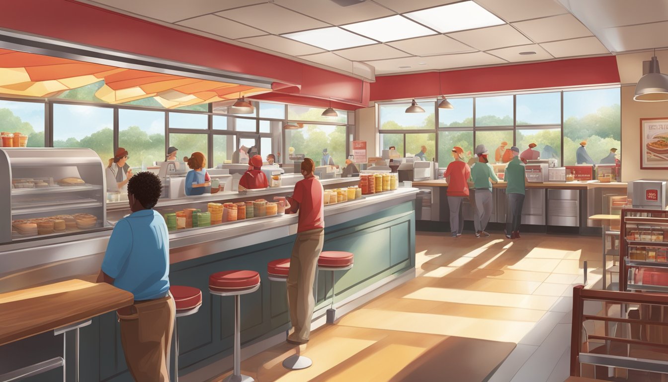 A bustling Wendy's restaurant with morning sun shining through the windows, customers enjoying breakfast items, and employees working efficiently behind the counter